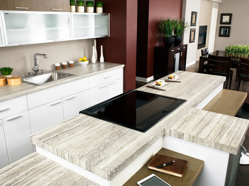 a picture of an interior design with travertine counter top