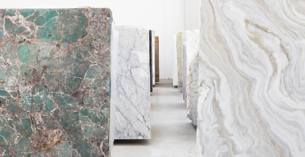 A showroom of natural stone slabs