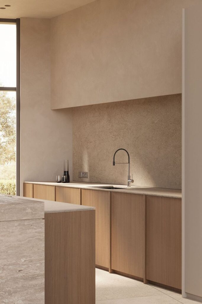 a picture of a kitchen with travertine design